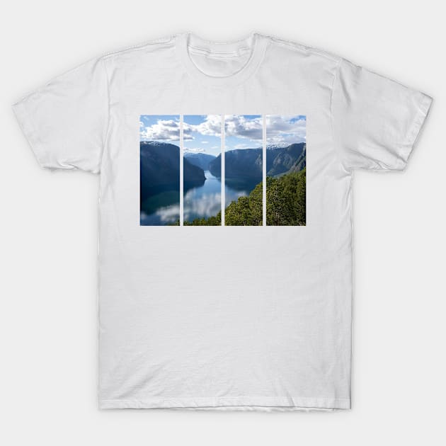 Wonderful landscapes in Norway. Vestland. Beautiful scenery of Aurland fjord from the Stegastein view point facing to the village of Aurland. Sunny day T-Shirt by fabbroni-art